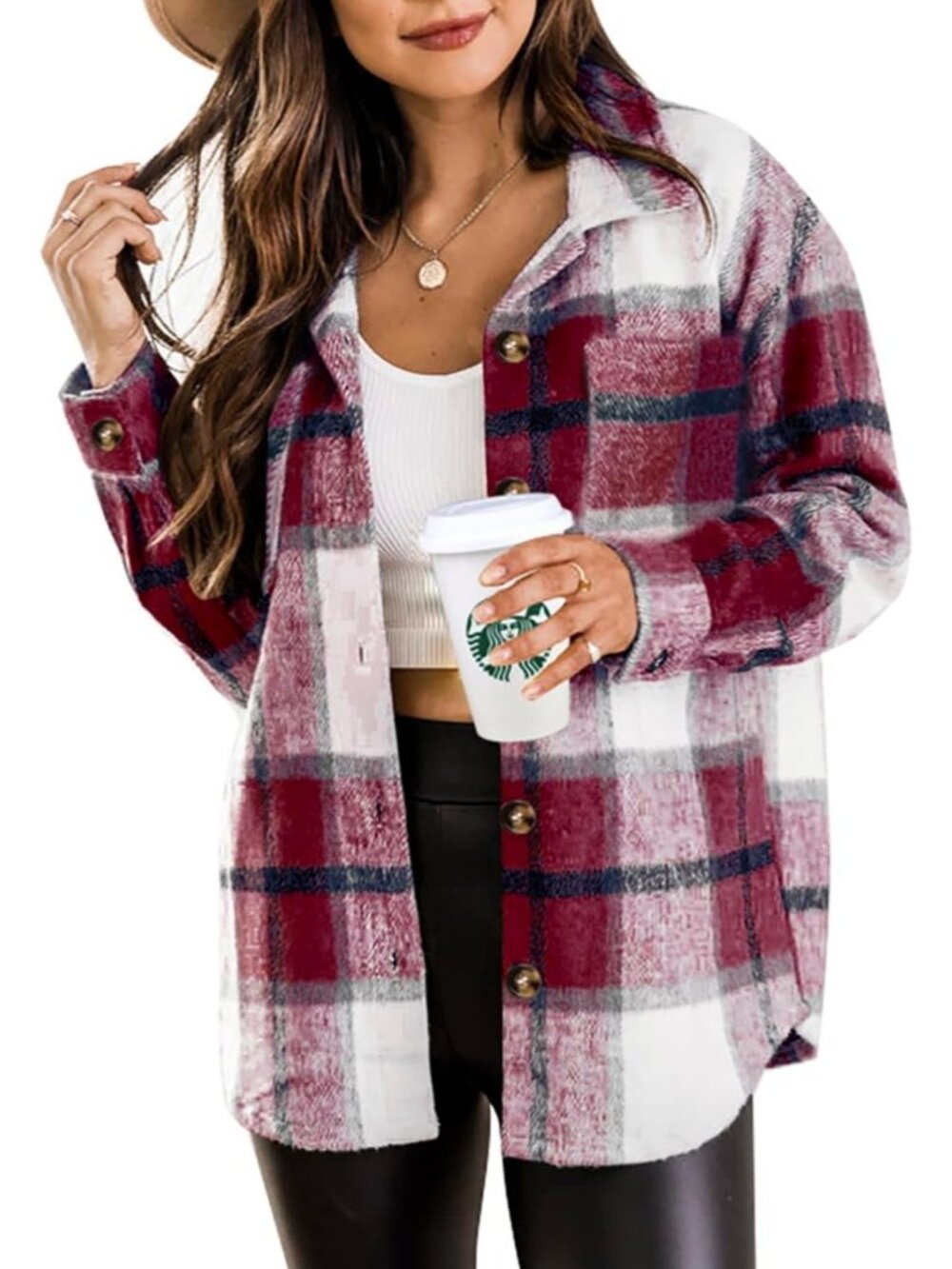 Women's Burgundy Fall Plaid Long Sleeve Bust Pocket Button Down Flannel Shacket
